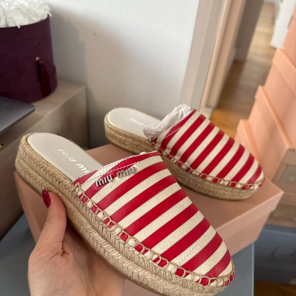 NWT Miu Miu Slip-on Espadrilles Platform Red & White Stripes Canvas Sz 36.5 - Picture 1 of 6